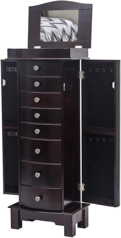 Standing Jewelry Armoire Cabinet Storage Chest with 8 Drawers, 2 Swing Doors, 16 Necklace Hooks, Makeup Mirror Storage Organizer, Large Standing Jewelry Armoire for Women(Brown)