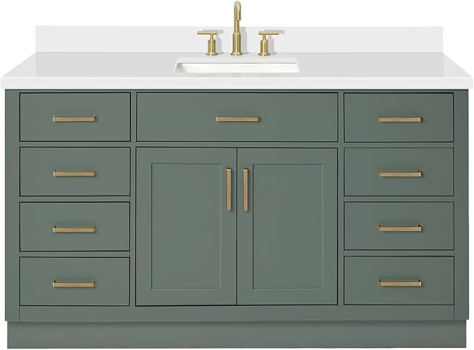 ARIEL Hepburn 60-inch Bathroom Vanity with Sink,Solid Wood, 1.5-inch Pure White Quartz Countertop, Single Rectangular Porcelain Sink, 2 Soft Closing Doors, 9 Dovetail Drawers, Vintage Green