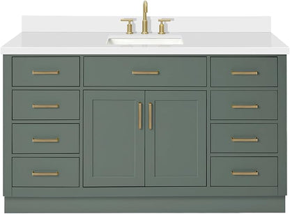 ARIEL Hepburn 60-inch Bathroom Vanity with Sink,Solid Wood, 1.5-inch Pure White Quartz Countertop, Single Rectangular Porcelain Sink, 2 Soft Closing Doors, 9 Dovetail Drawers, Vintage Green
