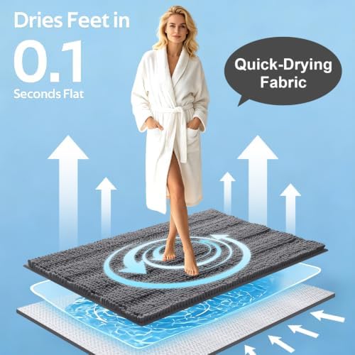 Striped Grey Toilet Bathroom Rug Mat Bath Mat Set 2 piece Ultra Soft, Non Slip Chenille Bath Rugs, Absorbent Plush Shaggy Bath Mats for Bathroom, Bedroom, Kitchen, Shower, Tub,Dark Gray, Charcoal