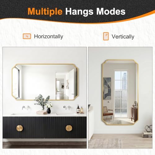 Delma Bathroom Vanity Mirror, Gold Framed Aluminum Bathroom Mirror for Over Sink, Scalloped Round Corner Wall Mirror, High-Definition Vanity Mirror, Hangs Horizontally or Vertically (30x55,Gold)