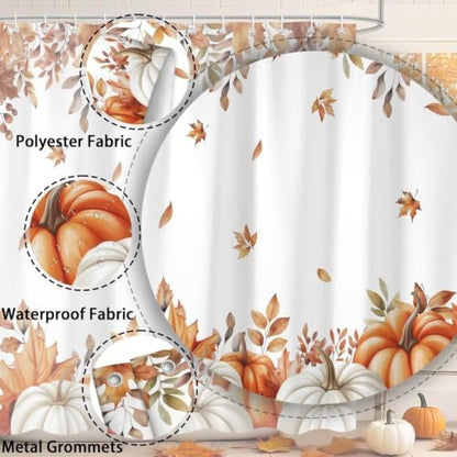 Fall Pumpkins Shower Curtain, Autumn Maple Leaf Leaves Harvest Thanksgiving Farmhouse Bathr Curtains Set,Waterproof Fabric Bathroom Curtains Decor 60X72IN