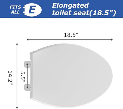 Elongated Toilet Seat, 18.5” Soft/Slow Close Oval (Oblong) Toilet Seat for Elongated Toilets, No-Slam Quiet-Close Lid, Easy-to-Install & Clean, Durable Never-Loosen White Plastic Seat