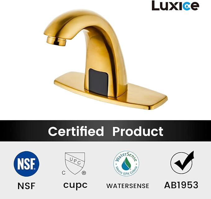Luxice Brushed Gold Touchless Bathroom Sink Faucet - Automatic Motion Sensor Battery Opertated with Temperature Mixing Valve for Commercial Lavatory