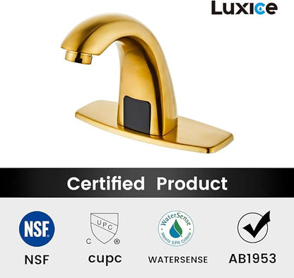 Luxice Brushed Gold Touchless Bathroom Sink Faucet - Automatic Motion Sensor Battery Opertated with Temperature Mixing Valve for Commercial Lavatory