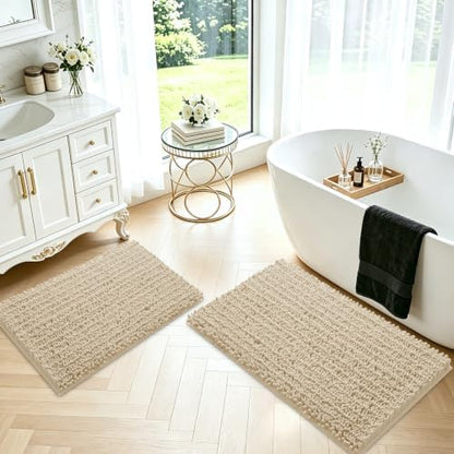 ACCUMTEK Upgrade Luxury 2 Piece Beige Toilet Bathroom Rug Mat 32"x20"+24"x17", Ultra Soft Thick Absorbent Bath Mats, Non Slip Chenille Toilet Mat for Bathroom, Bedroom, Kitchen, Shower, Tub