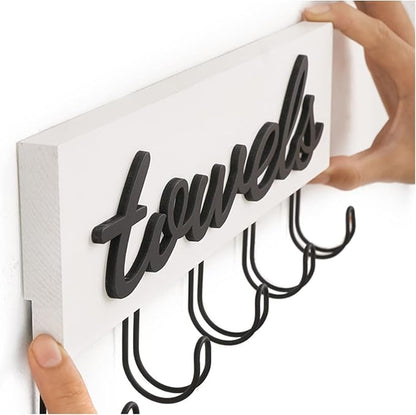 Mkono Wall Mounted Towel Rack, 5 Hooks Rustic Wood Bathroom Towel Hanger | Farmhouse Decor, Space Saving, Decorative Letter Design, Easy Install, Sturdy, Hang Bathrobe clothes, Shower Accessories