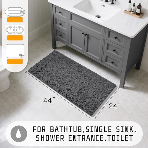 Yimobra Long Bathroom Rugs 44"x24", Extra Soft Non Slip Bath Mat for Tub, Super Absorbent Quick Dry Shaggy Rug Floor Carpet, Machine Washable,Dark Gray