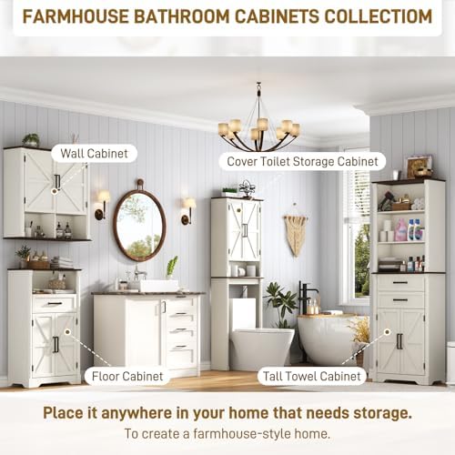 Farmhouse Bathroom Storage Cabinet,Double Wooden Bathroom Wall Cabinet with Roman Column Decor, Farmhouse Medicine Cabinets w Barn Doors,Storage Cabinets Wall Mounted for Kitchen(Rustic White)