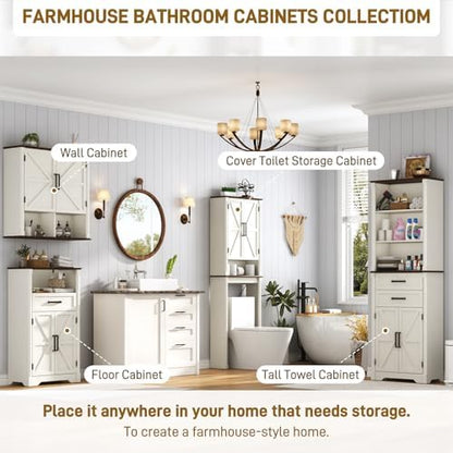 Farmhouse Bathroom Storage Cabinet,Double Wooden Bathroom Wall Cabinet with Roman Column Decor, Farmhouse Medicine Cabinets w Barn Doors,Storage Cabinets Wall Mounted for Kitchen(Rustic White)