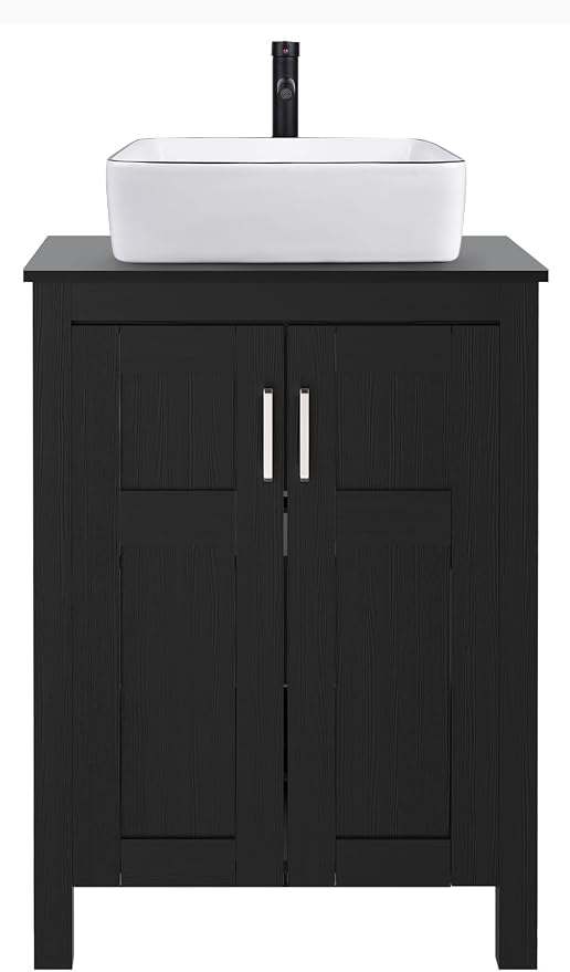 YOURLITE Bathroom Vanity with Sink,24" Black Bathroom Vanity Cabinet with White Ceramic Sink Faucet & Pop Up Drain Set