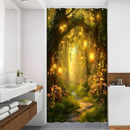 Fantasy Forest Path Shower Curtain Yellow Fairy Magical Enchanted Misty Jungle Mushroom Floral Tree Butterfly Lantern Wonderland Bath Curtain Fabric Bathroom Accessories Decor with Hooks 47W x63L
