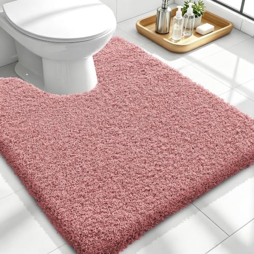OLANLY Microfiber Soft Bathroom Toilet Rugs U-Shaped, 24x20, Deep Rose