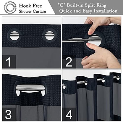 Gibelle No Hook Cloth Navy Shower Curtain with Liner, 36x74