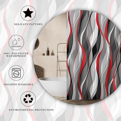weesire Red and Grey Shower Curtain for Bathroom Red and Black Shower Curtain Fabric Modern Abstract Striped Minimalist Bath Curtains Waterproof Shower Curtains Set, Black Gray Red, 72 x 72 Inch