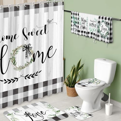 FuWeave 8 Pcs Shower Curtain Bathroom Sets, Black White Rug Plaid Mat
