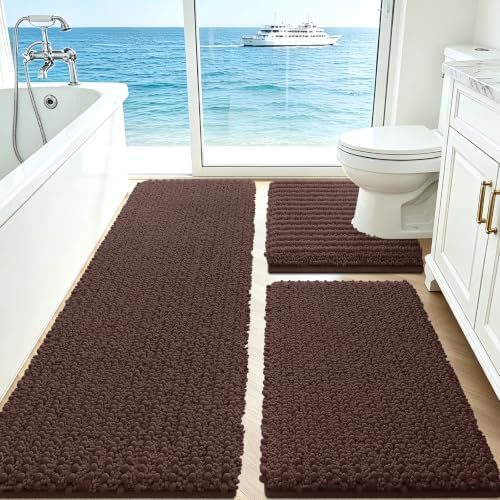 ACCUMTEK Upgrade Extra Large Brown Bathroom Rug Set 3 Pieces Ultra Soft, Thick Absorbent Bath Mats, Non Slip Chenille Toilet Mat for Bathroom, Bedroom, Kitchen, Dark Coffee