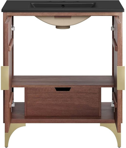 Modway Daylight Bathroom Vanity Cabinet with Ceramic Sink Basin, 30 Inch, Black Walnut