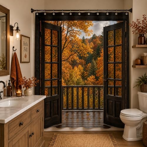 Fall Shower Curtain, Autumn Forest Window View Decor Bathroom Curtains, Maple Leaves Open Door Balcony Rustic Farmhouse Waterproof Polyester Shower Curtain with Hooks,72x72 Inch