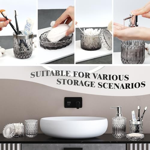 Bathroom Accessories Set, 5Pcs Bathroom Soap Dispenser Set, Glass Bathroom Accessories with Glass Soap Dispenser, Soap Dish, Toothbrush Holder, Tumbler, Cotton Swab Jar (Gradient Clear & Black)
