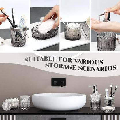Bathroom Accessories Set, 5Pcs Bathroom Soap Dispenser Set, Glass Bathroom Accessories with Glass Soap Dispenser, Soap Dish, Toothbrush Holder, Tumbler, Cotton Swab Jar (Gradient Clear & Black)