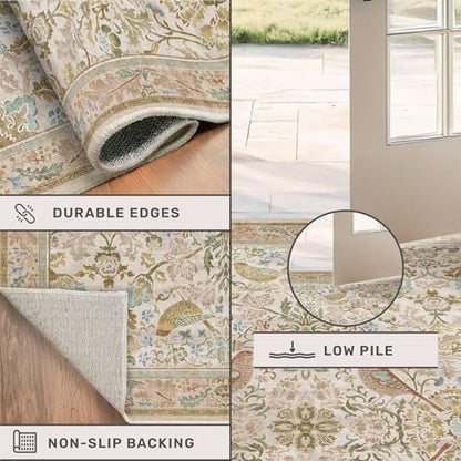 Large Entryway Rugs Indoor - Beige 3x5 Washable Rugs for Kitchen Bedroom Beside Bed Door Mat Indoor Entrance with Light Beige Woodland Flowers, Non Slip Stain Resistant Low Pile