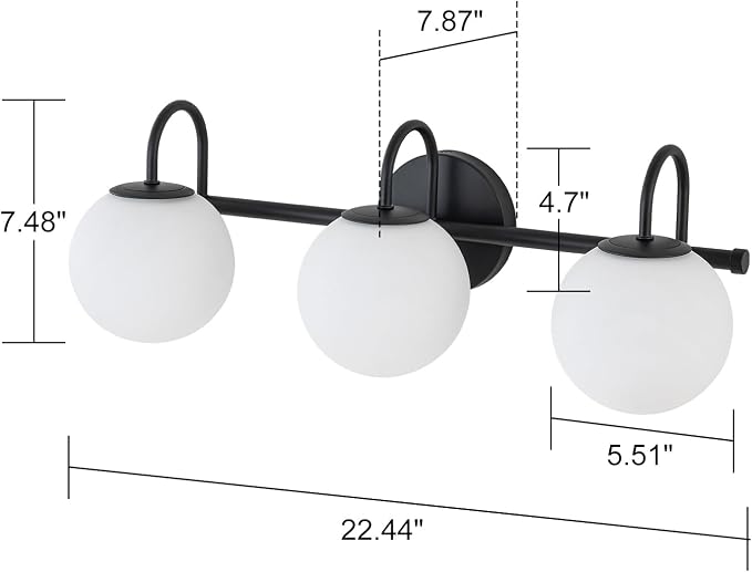 Milk Glass Vanity Light, 22.6" Modern Bathroom Light Fixtures Mid-Century Globe Vanity Light 3-Light Glass Wall Sconce Black | Mid-Century Globe Vanity Light 3-Light Bathroom Vanity Light, Up/Down Mounting Design, Glass Wall Sconce for Bathroom Hallway