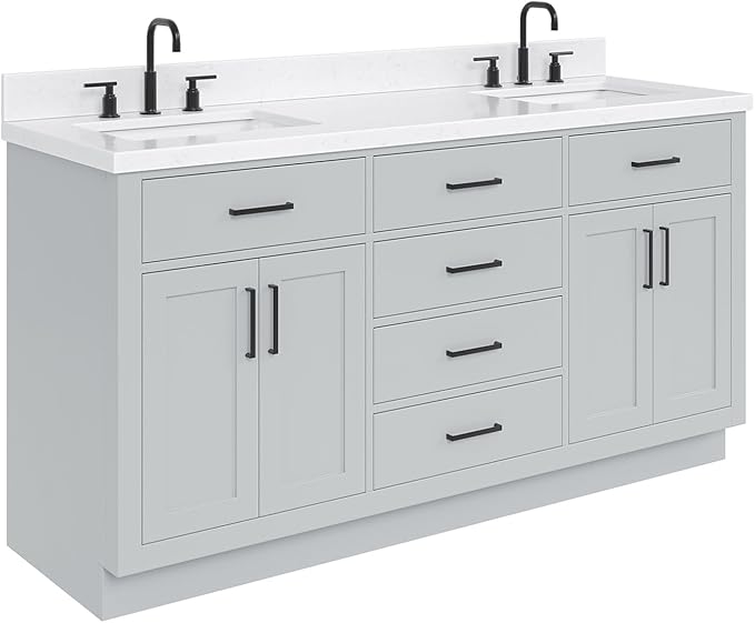 ARIEL Hepburn 66-inch Bathroom Vanity with Sink,Solid Wood, 1.5-inch Carrara White Quartz Countertop & Backsplash, Double Rectangular Porcelain Sink, 4 Soft Closing Doors, 6 Dovetail Drawers, Grey