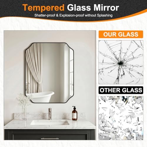 Delma Bathroom Vanity Mirror, Black Framed Aluminum Bathroom Mirror for Over Sink, Scalloped Round Corner Wall Mirror, High-Definition Vanity Mirror, Hangs Horizontally or Vertically (30x24,Black)