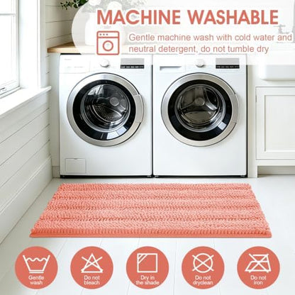 ACCUMTEK Striped Coral Bathroom Rug Set 3 Pieces Ultra Soft, Non Slip Chenille Toilet Mat, Absorbent Plush Shaggy Bath Mats for Bathroom, Bedroom, Kitchen