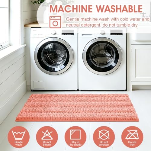 ACCUMTEK Striped Coral Bathroom Rug Mat Set 2 piece 32"x20"+60"x20" Ultra Soft, Non Slip Chenille Bath Rugs, Absorbent Plush Shaggy Bath Mats for Bathroom, Bedroom, Kitchen, Shower, Tub