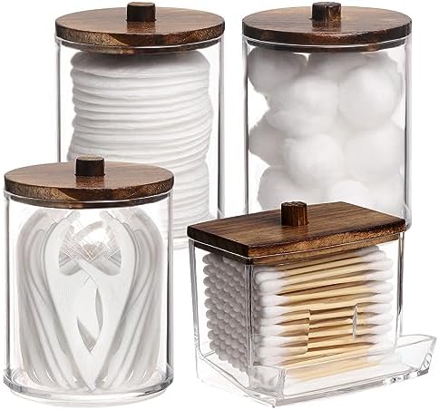Tbestmax 4 Pack Qtip Holder Bathroom Container, 10/7oz Cotton Ball/Swabs Dispenser, Apothecary Jar with Bamboo Lids for Organizer and Storage (Brown)