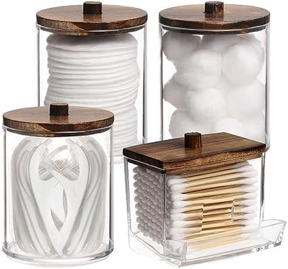 Tbestmax 4 Pack Qtip Holder Bathroom Container, 10/7oz Cotton Ball/Swabs Dispenser, Apothecary Jar with Bamboo Lids for Organizer and Storage (Brown)