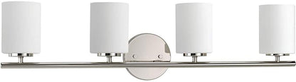 Progress Lighting Replay Collection 4 Light Bathroom Vanity Light, Modern Bath Lighting Fixture with Etched White Glass Shades for Over The Mirror, Reversible Mounting, Polished Nickel