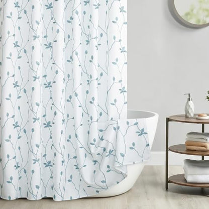 Embroidered Leaf Farmhouse Shower Curtain,Faux Linen,72Wx72L,White Teal