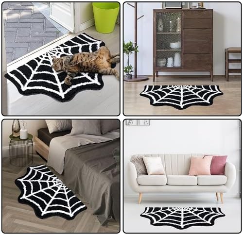 Meetory Spider Web Bath Mat, 31×20" Halloween Bath Mat Non-Slip Rugs Spiderweb Rug Machine Washable Goth Area Rugs Gothic Rug for Front Door, Bedroom, Living Home (Black)