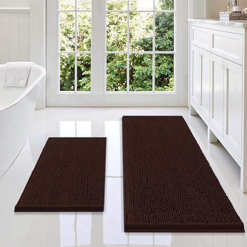 Smiry Chenille Bathroom Rugs Sets 2 Piece (47x17+24x16, Brown)