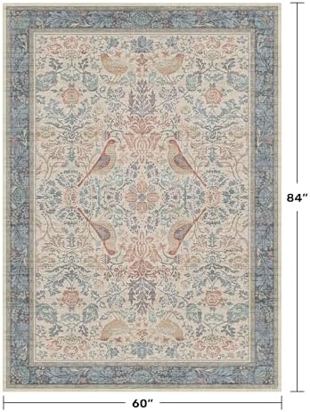 Hazo Haus Soft Red Blue Floral Area Rug 5x7 for Living Room - Machine Washable Rugs for Reading Corner, Kitchen Floor, Small Office, Low Pile Non-Slip Rubber Backing & Stain Resistance