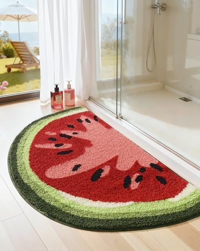 DEXI Cute Watermelon Bath Mat, Half Round Fruit Bathroom Rugs 36x20