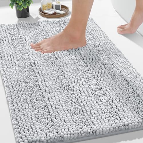 Yimobra Bathroom Rug Mat 24 x 17, Non Slip and Super Absorbent Bath Mat,Machine Washable Quick Dry,Ultra Plush Chenille Shower Rugs for Bathroom Floor Sink Tub and Shower Outside,Silver