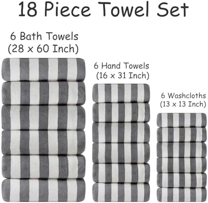 18 Pcs Gray Stripe Bath Towel Set with Hanging Loop-6 Bath Towels,6 Hand Towels,6 Washcloths Soft Family Towels Set Bathroom Towel Highly Absorbent Quick Dry Shower Towel for Beach Chair Spa Gym Hotel