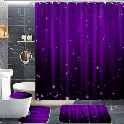 Yddsky 4 Pcs Luxury Purple Black Shower Curtain Set with Rugs Bathroom Set