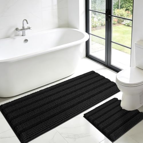 ACCUMTEK Striped Black Toilet Bathroom Rug Mat Set 2 piece Rug Ultra Soft, Non Slip Chenille Bath Rugs, Absorbent Plush Shaggy Bath Mats for Bathroom, Bedroom, Kitchen, Shower, Tub