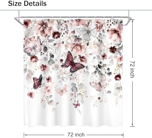 Grey Pink Floral Butterfly Spring Summer Bathroom Shower Curtain Set