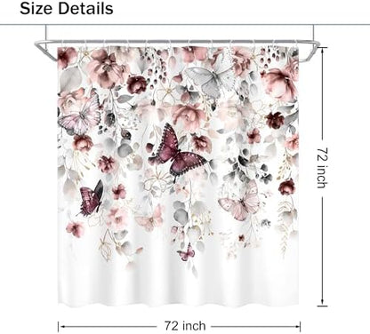 Grey Pink Floral Butterfly Spring Summer Bathroom Shower Curtain Set