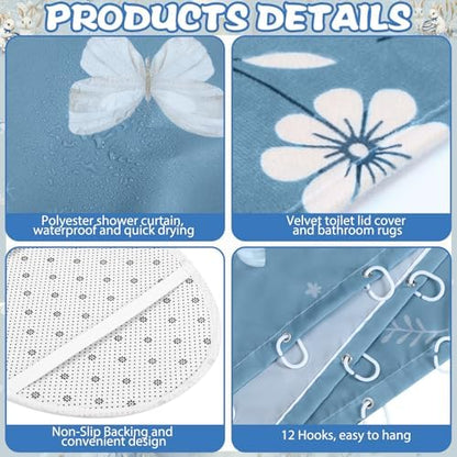 FuWeave 8 Pcs Easter Shower Curtain Set for Bathroom Decor Include Spring Floral Blue Bunny Egg Shower Curtain Hydrangea Towels Non Slip Rugs Toilet Lid Cover Bath Mat and 12 Hooks for Bathroom Decor