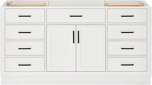 ARIEL Hepburn 66-inch Bathroom Vanity Base Cabinet,Solid Wood, 2 Soft Closing Doors, 9 Dovetail Drawers, White