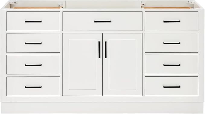 ARIEL Hepburn 66-inch Bathroom Vanity Base Cabinet,Solid Wood, 2 Soft Closing Doors, 9 Dovetail Drawers, White