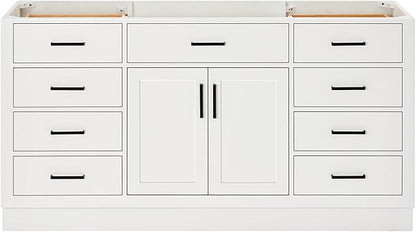 ARIEL Hepburn 66-inch Bathroom Vanity Base Cabinet,Solid Wood, 2 Soft Closing Doors, 9 Dovetail Drawers, White