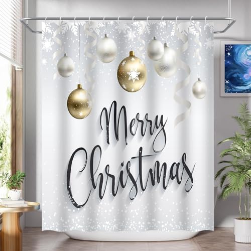 Onalasyc 4-Piece Christmas Shower Curtain Set,Golden Silver Xmas Ball Snowflake Holiday Waterproof Fabric Bathroom Shower Curtain Sets with Rugs,Cortina de baño de Navidad,with 12 Pcs Hooks